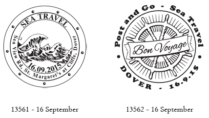 Postmarks showing seascape (waves) and lifebelt.