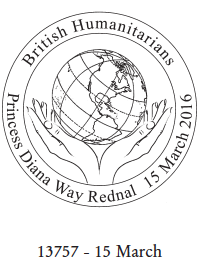 Postmark showing globe in hands.