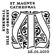 Postmark showing ornate letter M.